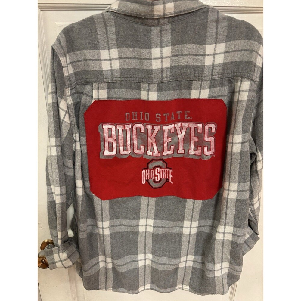 Ohio State Buckeyes OSU Upcycled Flannel Button Up Shirt Football Red & Gray